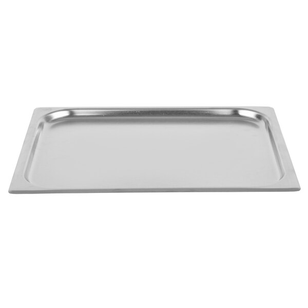 A stainless steel Vollrath Super Pan cover with a silver handle.