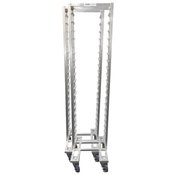 A Channel metal steam table pan rack with two shelves on wheels.