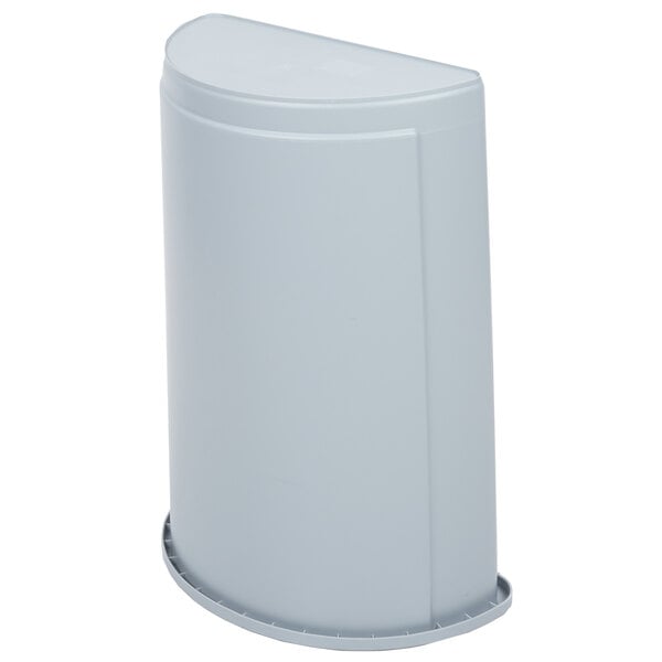 A white plastic half round trash can with a grey surface and black lid.