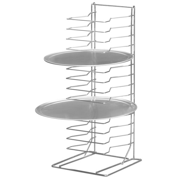 A Channel wall mounted metal pizza pan rack with 15 slots.