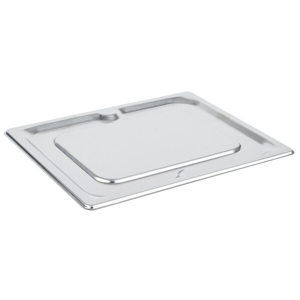 A Vollrath stainless steel 1/2 size steam table pan cover on a tray.
