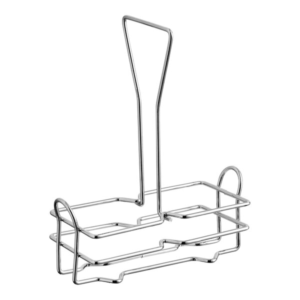A metal wire rack designed to hold and carry olive oil cruets.
