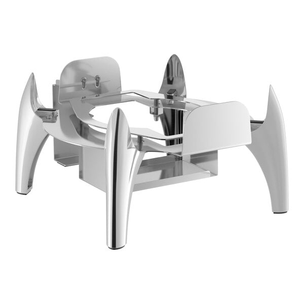 A silver metal Acopa Voyage chafer stand with legs.