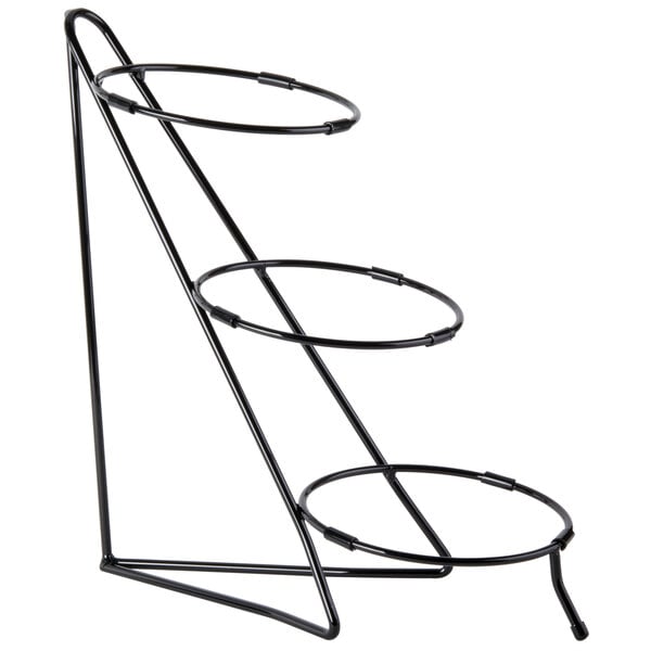 A black metal Cal-Mil three tier round bowl stand.