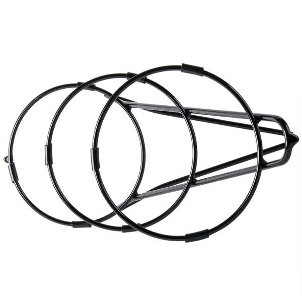A black metal Cal-Mil three tier bowl stand with rings.