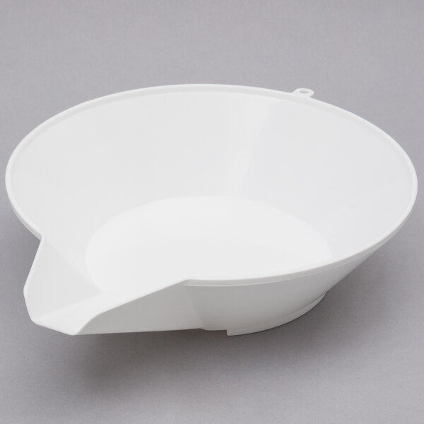 A white plastic bowl with a handle.