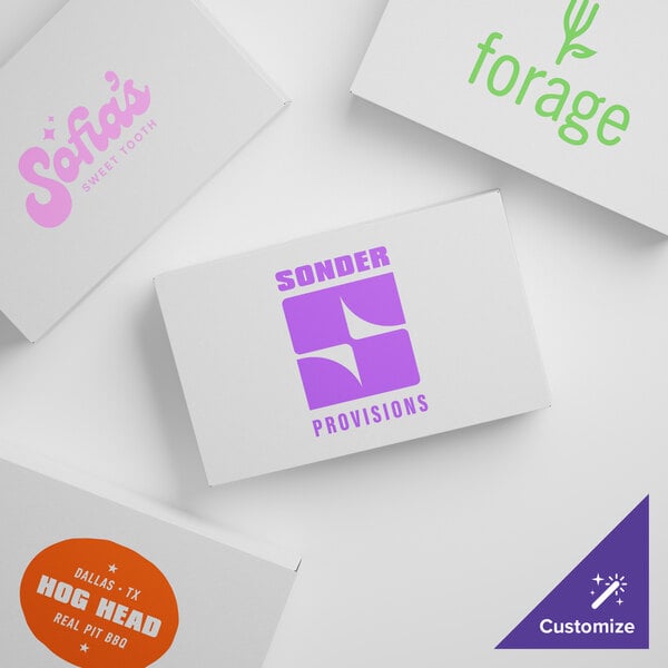 A white rectangular candy box with purple customizable text on the lid.