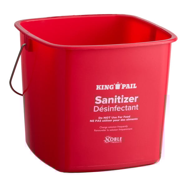 A red 6-quart sanitizing pail with a metal handle and printed labeling for sanitizer use.