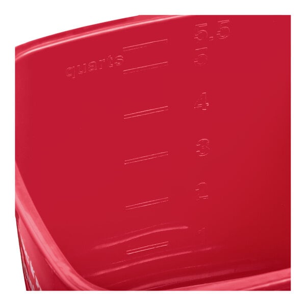 A red 6-quart sanitizing pail with embossed quart measurement markings on the inside.