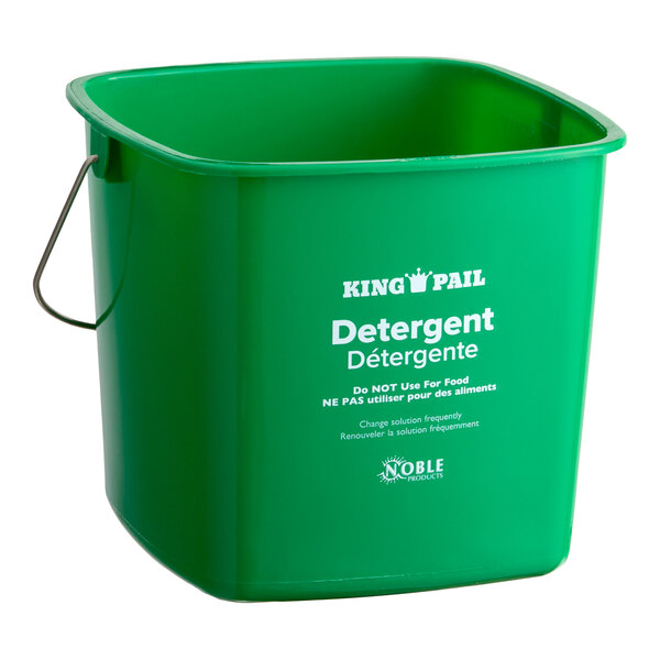 A green Noble King-Pail 6 quart cleaning pail with a metal handle and detergent labeling on the front.