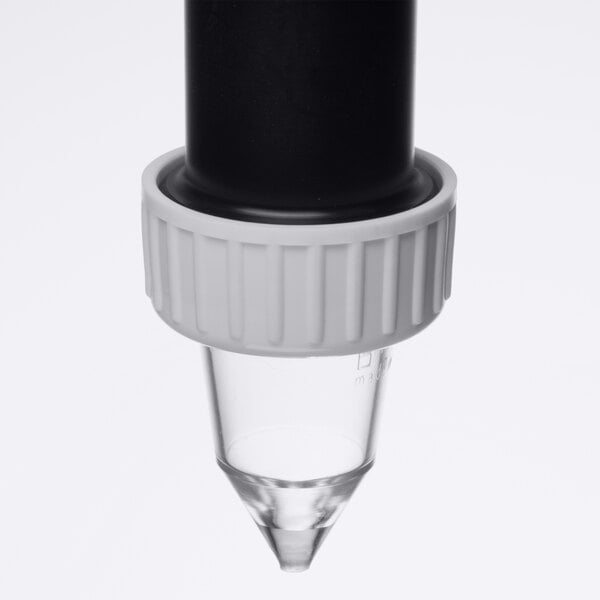 A clear plastic funnel with a chrome-plated wire stand.