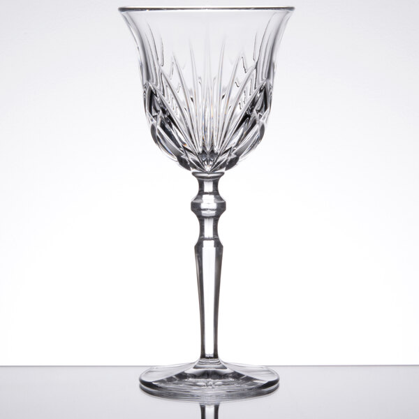 A close-up of a Nachtmann crystal white wine glass with a stem.
