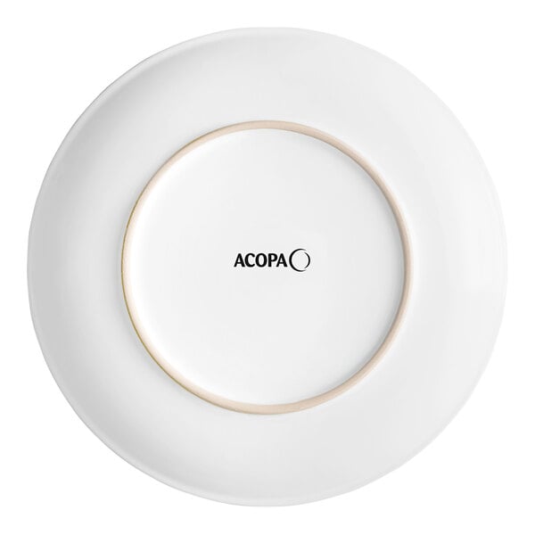 An Acopa round white stoneware plate with a black logo.