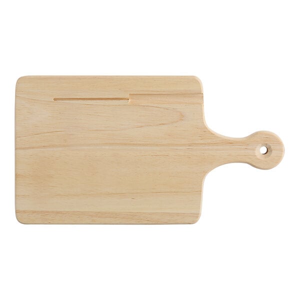 A Choice wooden serving and cutting board with a handle.