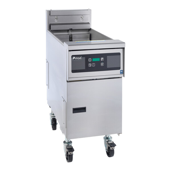 A Pitco Solstice electric fryer with touchscreen controls on a stainless steel cabinet and wheels.