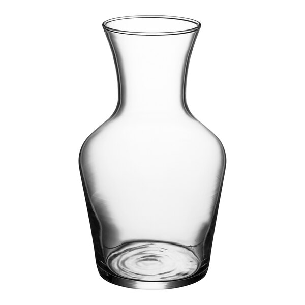 An Arcoroc clear glass wine carafe with a neck.