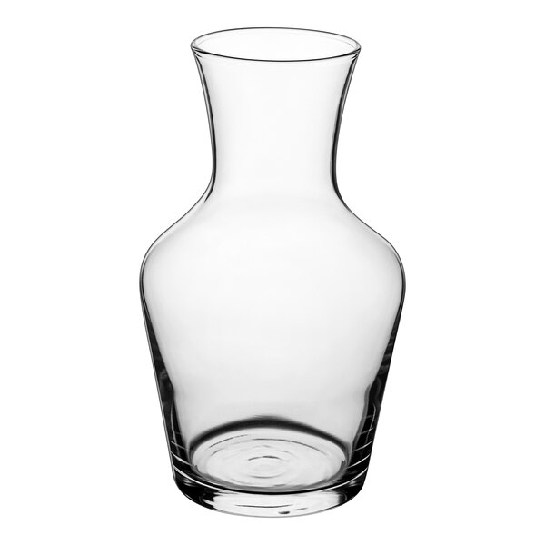 An Arcoroc clear glass wine carafe with a neck.