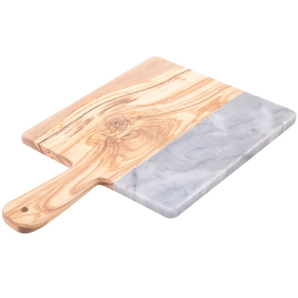 An American Metalcraft olive wood and marble serving board with a handle.