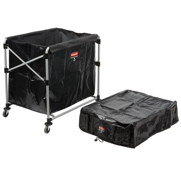 A black Rubbermaid laundry cart with a black bag.