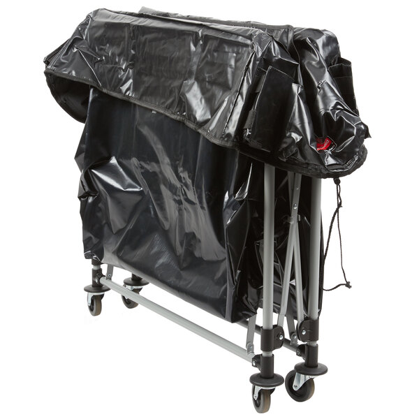 A Rubbermaid laundry cart with a black tarp cover on a metal frame.