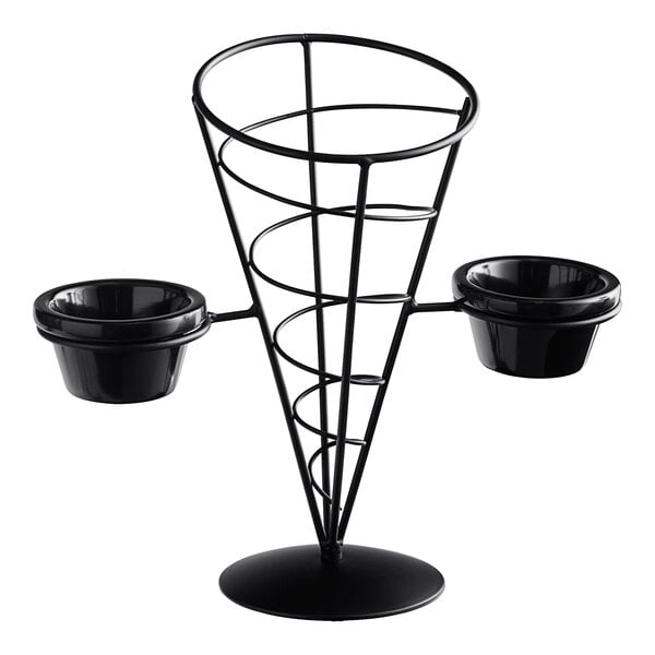 A black metal wire cone with two bowls on it.