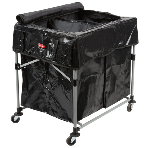 A black Rubbermaid laundry cart on wheels.