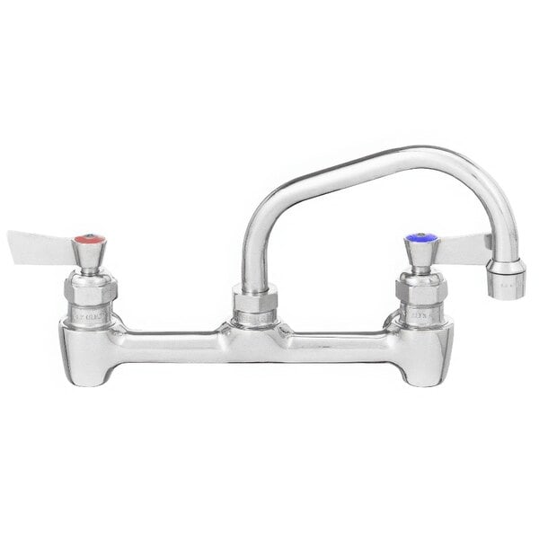 A silver Fisher wall mount faucet with two handles and an 8" swing spout.