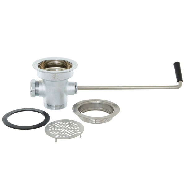 A silver T&S twist waste valve with a metal strainer basket and metal ring with holes.