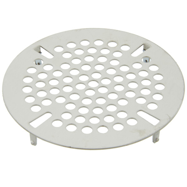 A round metal strainer basket with holes.