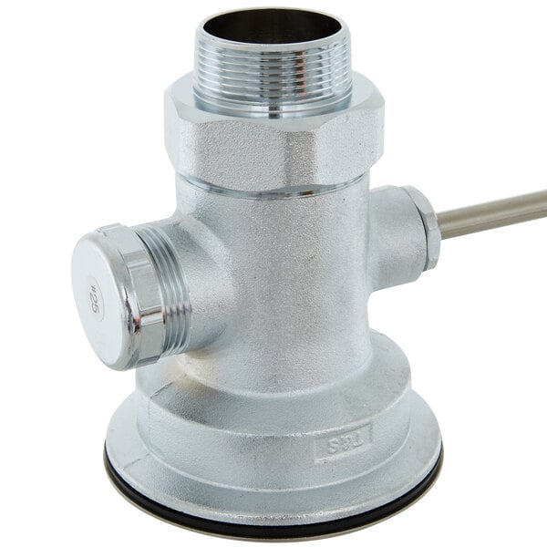 A silver metal T&S twist waste valve with a removable strainer basket.