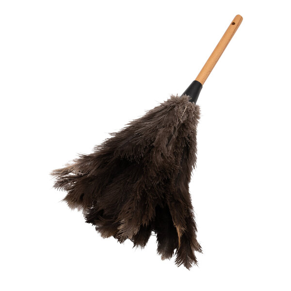 A 23-inch feather duster with a wooden handle and dark feathers.