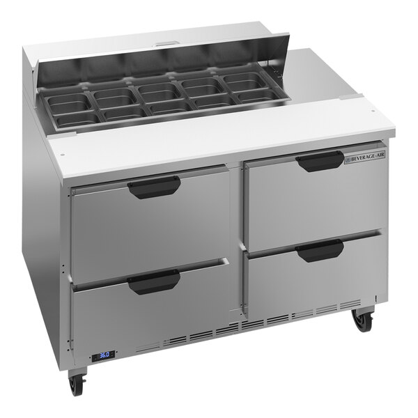 A Beverage-Air stainless steel refrigerated sandwich prep table with four drawers.