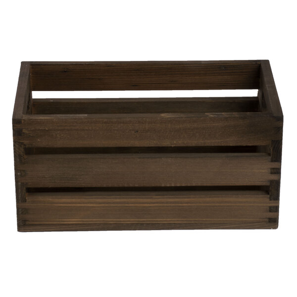 An American Metalcraft vintage wood crate with three compartments on a wood surface.