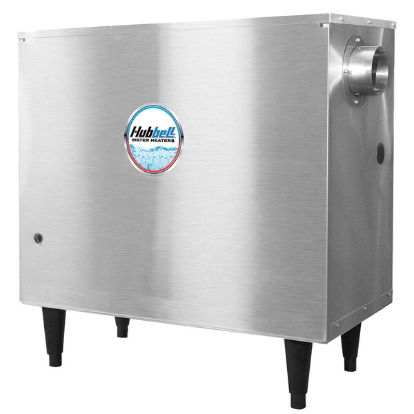 A silver rectangular Hubbell Liquid Propane Tankless Booster Heater with a round vent and a logo on it.