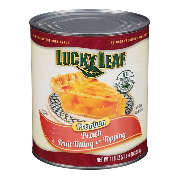A Lucky Leaf #10 can of peach pie filling.