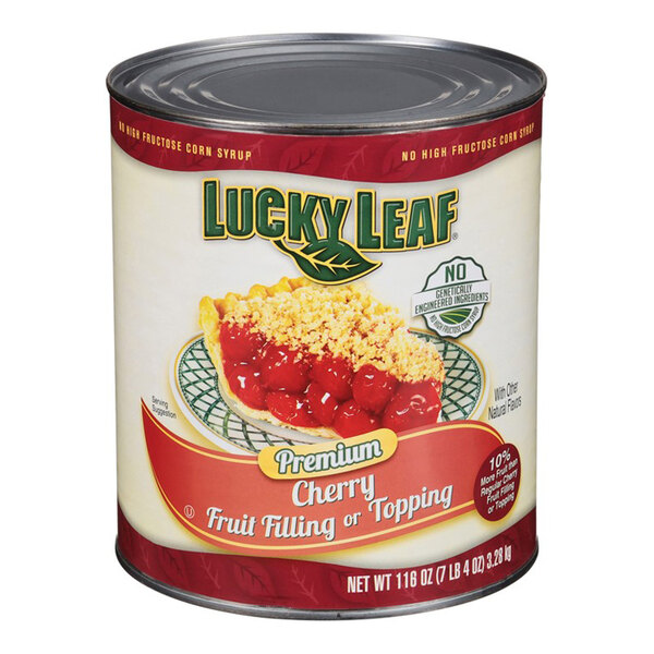 A #10 can of Lucky Leaf cherry pie filling with a white label.