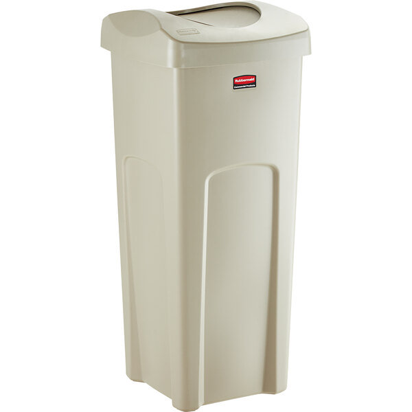 A beige Rubbermaid square trash can with a lid.
