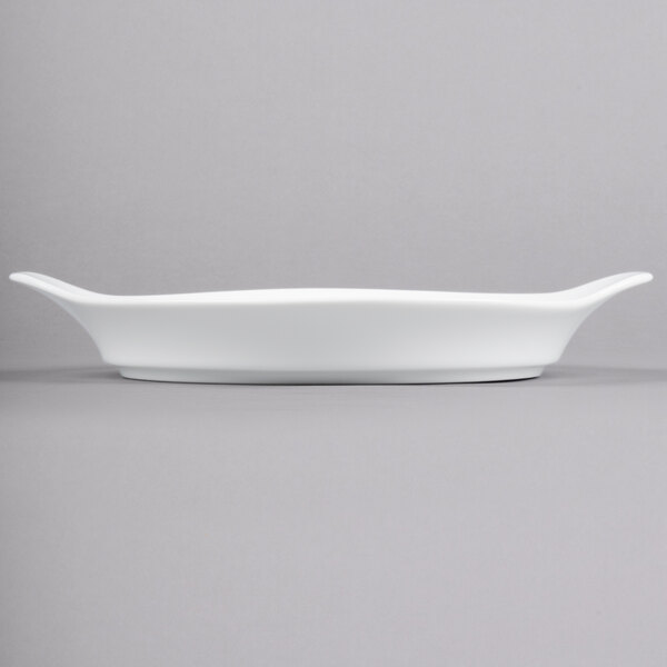 A white rectangular Libbey porcelain dish with a handle.