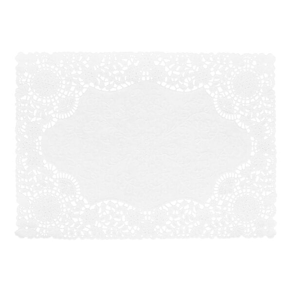 A rectangular white paper placemat with an intricate floral lace pattern and scalloped edges.