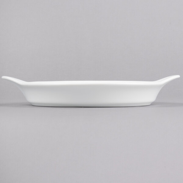 A white Libbey porcelain rectangular dish with handles.