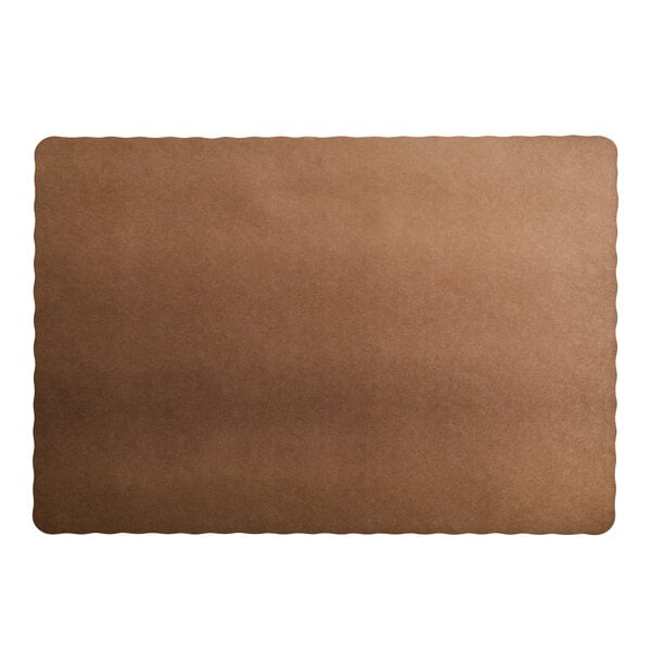 A brown colored paper placemat with scalloped edges.