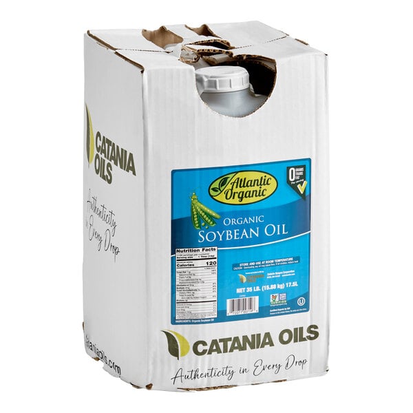 A 35 lb. container of Atlantic Organic soybean oil packaged by Catania Oils.