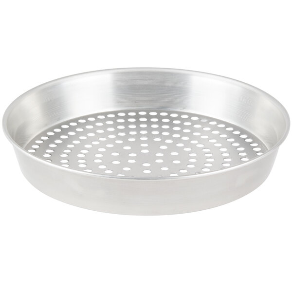 An American Metalcraft tin-plated steel round pizza pan with holes.