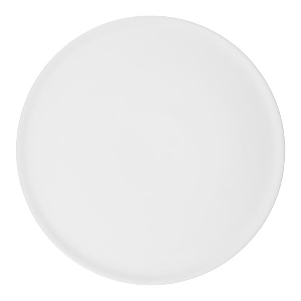 A plain, round, white tray with a smooth surface viewed from above.