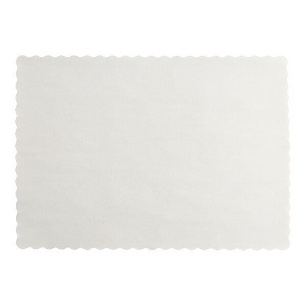 A gray paper rectangular placemat with a scalloped edge.