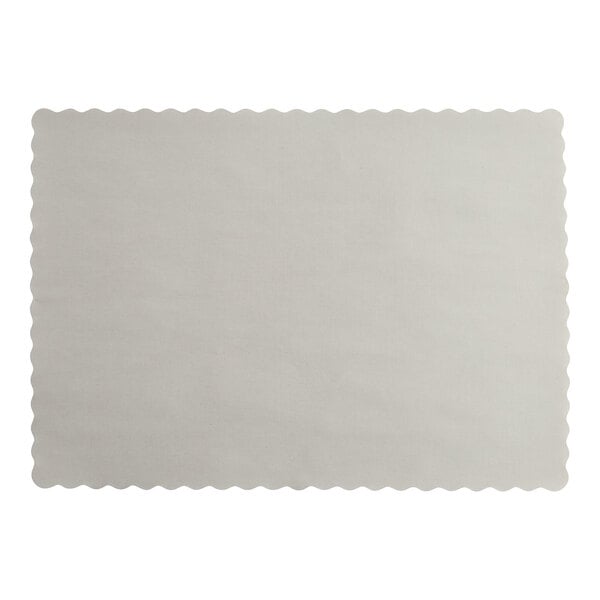 A gray paper rectangular placemat with a scalloped edge.