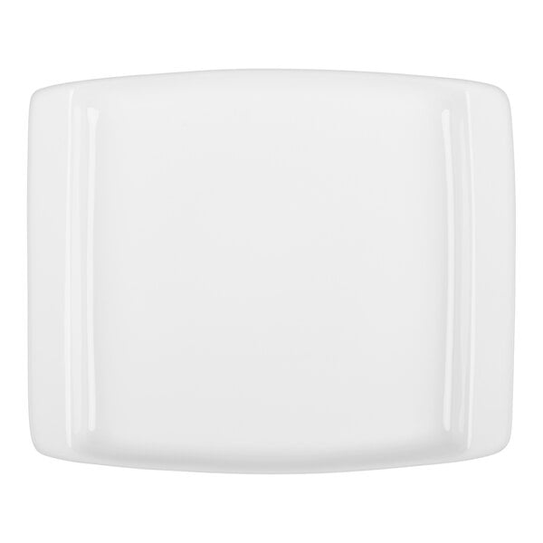 A rectangular white porcelain platter with slightly curved edges and a smooth surface.