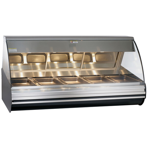 A black Alto-Shaam countertop heated food display case with curved glass full service.