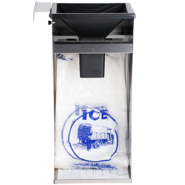 A Manitowoc stainless steel ice bagger with a plastic bag in it.
