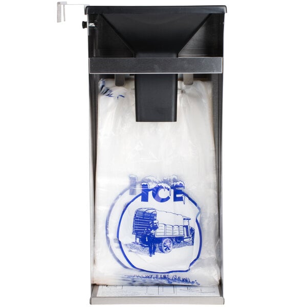A Manitowoc stainless steel ice bagger with a plastic bag in a dispenser and a handle on top.